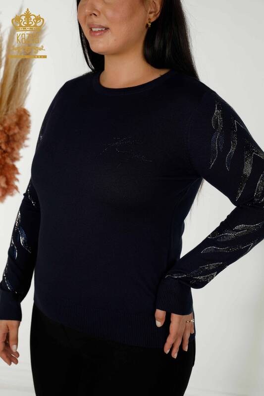 Женский трикотажный свитер оптом - Детальный рукав - Темно-синий - 30030 | КАZEE