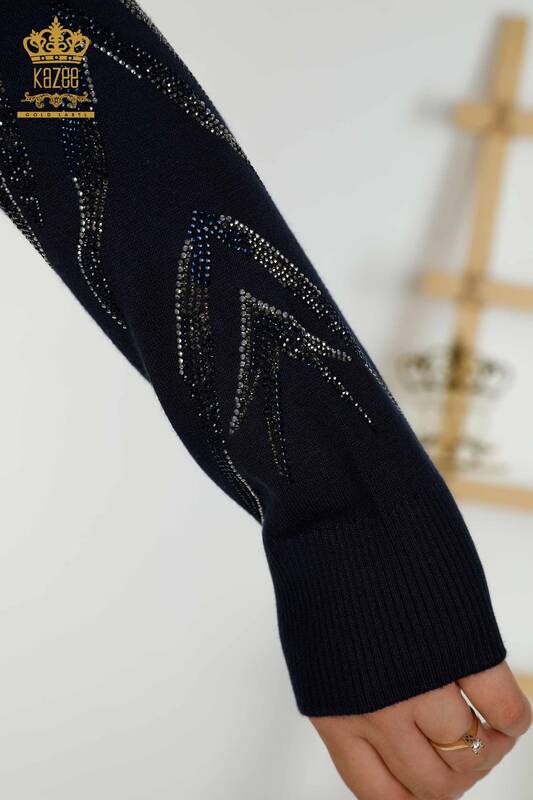 Женский трикотажный свитер оптом - Детальный рукав - Темно-синий - 30030 | КАZEE