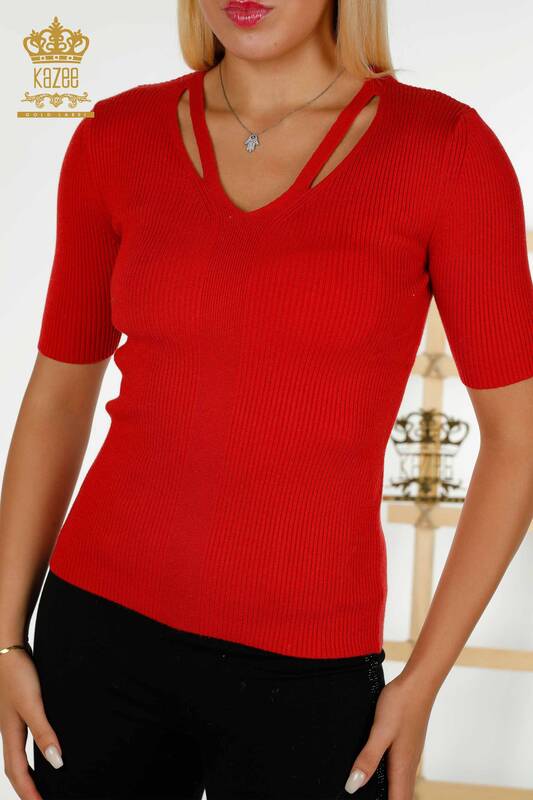 Женский вязаный свитер оптом - с коротким рукавом - красный - 30397 | КАZEE