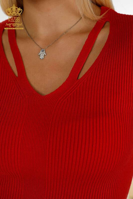 Женский вязаный свитер оптом - с коротким рукавом - красный - 30397 | КАZEE