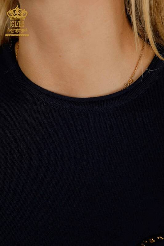 Женский вязаный свитер оптом - с коротким рукавом - темно-синий - 30328 | КAZEE