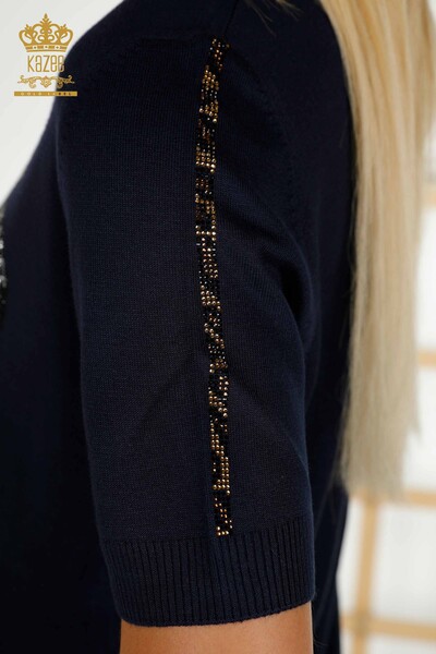 Женский вязаный свитер оптом - с коротким рукавом - темно-синий - 30328 | КAZEE - Thumbnail