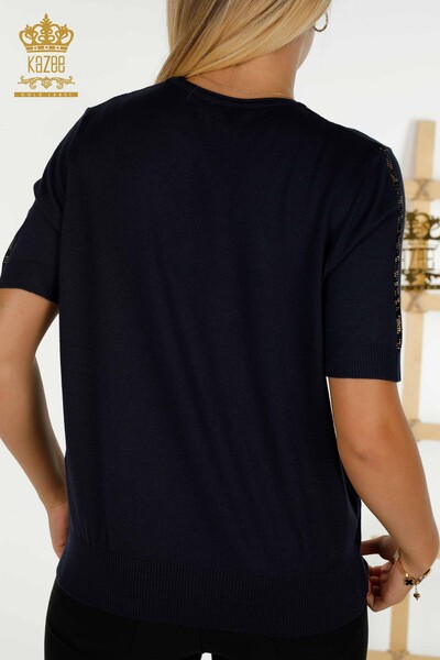 Женский вязаный свитер оптом - с коротким рукавом - темно-синий - 30328 | КAZEE - Thumbnail