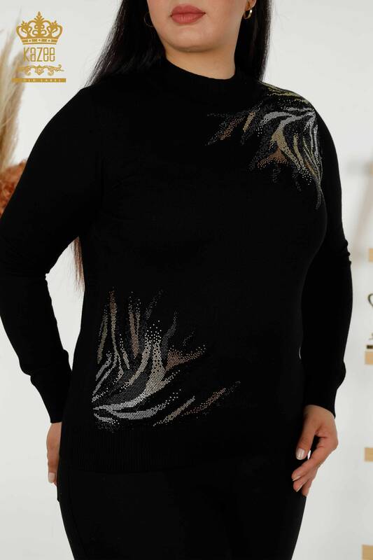 Женский трикотажный свитер оптом - с узором - черный - 30005 | КАZEE