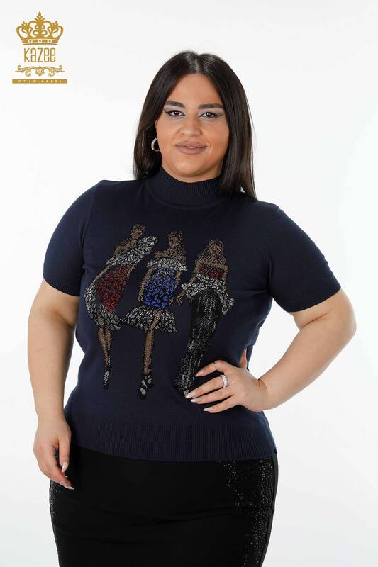 Женский трикотажный свитер оптом с рисунком темно-синего цвета - 16911 | КАZEE