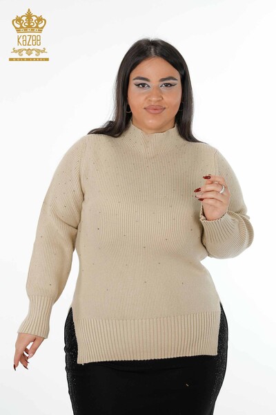 Женский трикотаж свитер оптом стойка воротник камнями с двух сторон разрез - 16901 | КАZЕЕ - Thumbnail