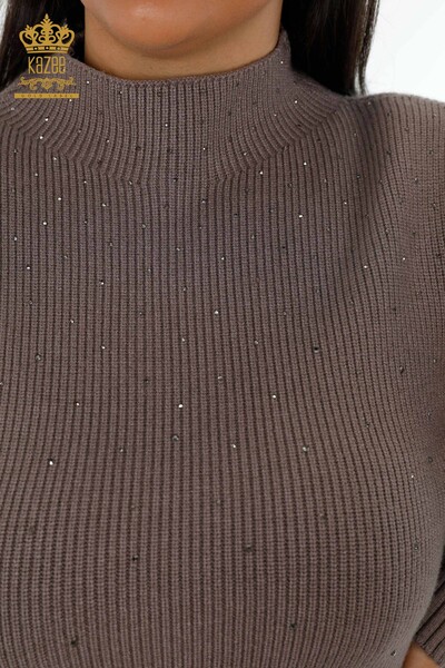 Женский трикотаж свитер оптом стойка воротник камнями с двух сторон разрез - 16901 | КАZЕЕ - Thumbnail