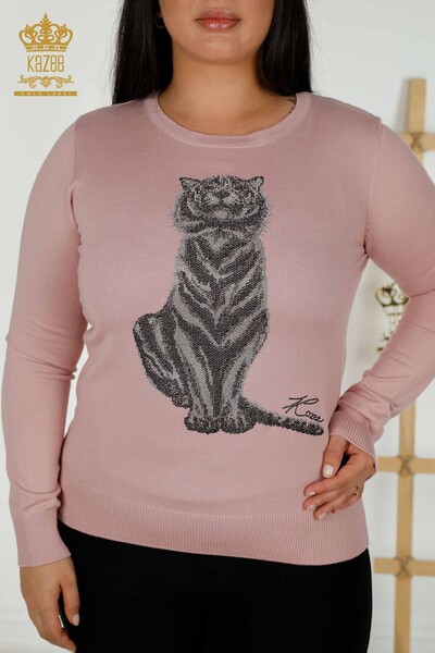 Женский вязаный свитер оптом - Тигровый узор - Пудра - 30127 | КАZEE - Thumbnail