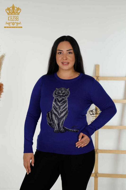 Женский трикотажный свитер оптом - Тигровый узор - Электрический цвет - 30127 | КАZEE