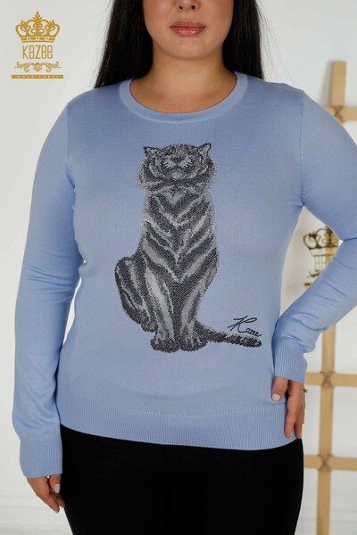 Женский трикотажный свитер оптом - Тигровый узор - Синий - 30127 | КАZEE - Thumbnail