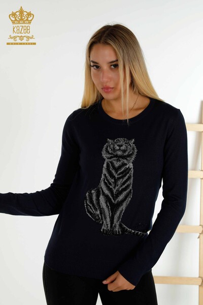 Женский вязаный свитер оптом - Узор тигра - Темно-синий - 30127 | КАZEE - Thumbnail