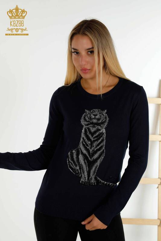 Женский вязаный свитер оптом - Узор тигра - Темно-синий - 30127 | КАZEE