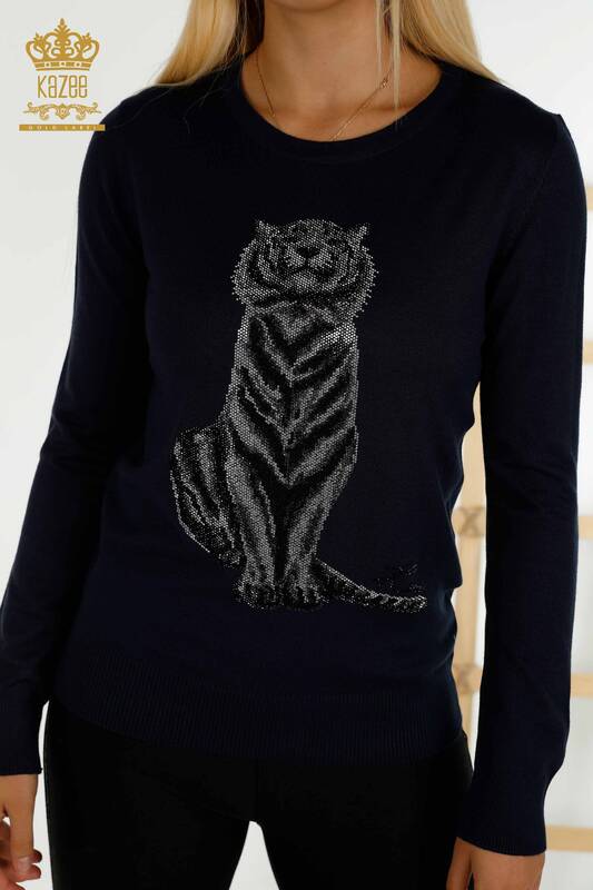 Женский вязаный свитер оптом - Узор тигра - Темно-синий - 30127 | КАZEE