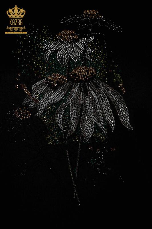 Женский трикотажный свитер оптом - цветочный узор - черный - 16963 | КАZEE