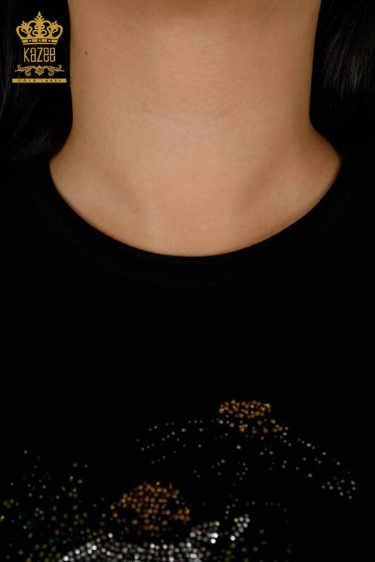 Женский трикотажный свитер оптом - цветочный узор - черный - 16963 | КАZEE