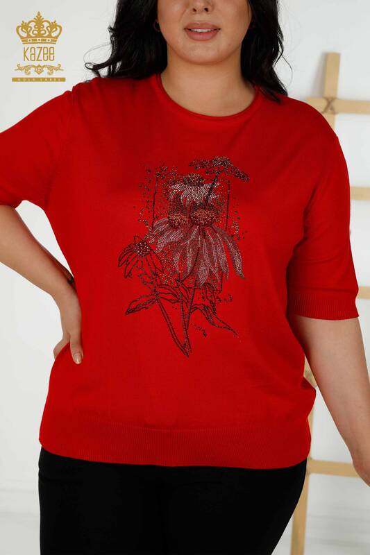 Женский трикотажный свитер оптом - цветочный узор - красный - 16963 | КАZEE