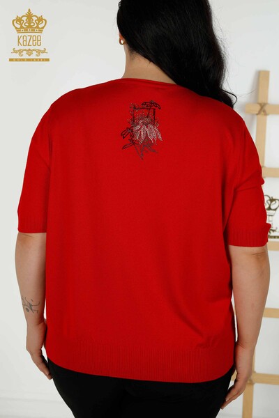Женский трикотажный свитер оптом - цветочный узор - красный - 16963 | КАZEE - Thumbnail