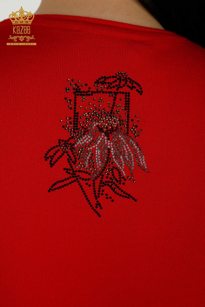 Женский трикотажный свитер оптом - цветочный узор - красный - 16963 | КАZEE - 7