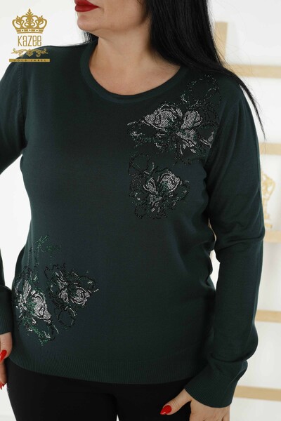 Женский трикотажный свитер оптом - Цветочный узор - Темно-зеленый - 30152 | КАZEE - Thumbnail