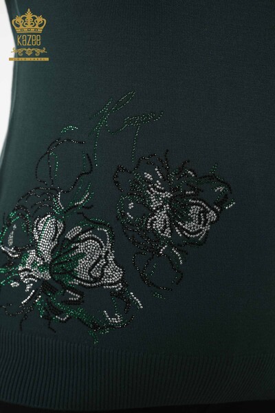 Женский трикотажный свитер оптом - Цветочный узор - Темно-зеленый - 30152 | КАZEE - Thumbnail