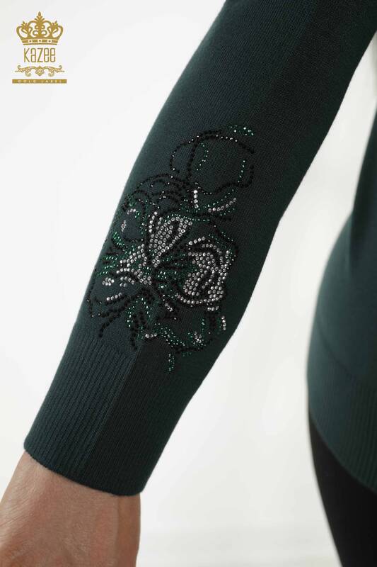 Женский трикотажный свитер оптом - Цветочный узор - Темно-зеленый - 30152 | КАZEE