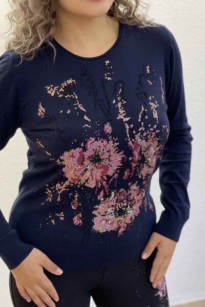 Женский трикотажный свитер оптом с цветочным узором и вышивкой камнем - 16652 KAZEE - Thumbnail