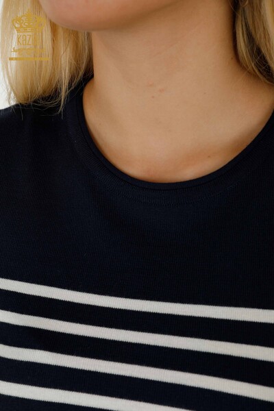Женский трикотаж оптом, полосатый свитер с коротким рукавом, темно-синий, экрю - 30396 | КАZEE - Thumbnail