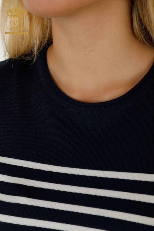 Женский трикотаж оптом, полосатый свитер с коротким рукавом, темно-синий, экрю - 30396 | КАZEE