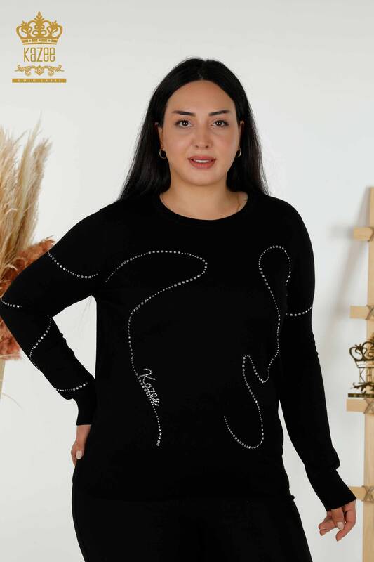 Женский трикотажный свитер оптом - с круглым вырезом - черный - 30157 | КАZEE