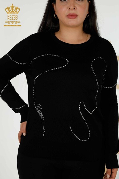 Женский трикотажный свитер оптом - с круглым вырезом - черный - 30157 | КАZEE - Thumbnail