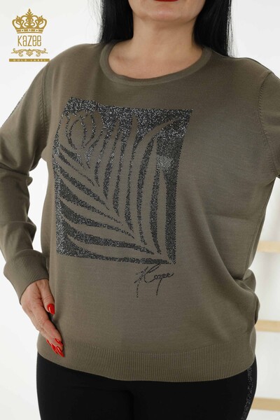 Женский трикотажный свитер оптом - с круглым вырезом - хаки - 30159 | КAZEE - Thumbnail