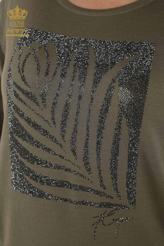 Женский трикотажный свитер оптом - с круглым вырезом - хаки - 30159 | КAZEE