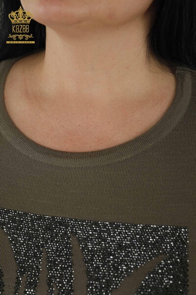 Женский трикотажный свитер оптом - с круглым вырезом - хаки - 30159 | КAZEE - Thumbnail