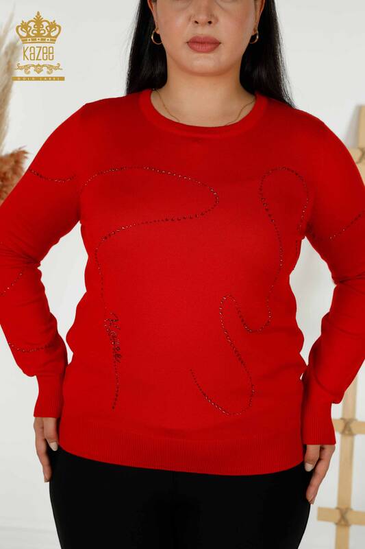 Женский трикотажный свитер оптом - с круглым вырезом - красный - 30157 | КАZEE