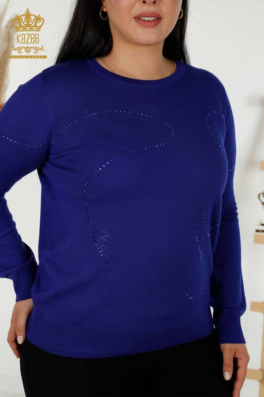 Женский трикотажный свитер оптом - Круглый вырез - Электрический - 30157 | КАZEE