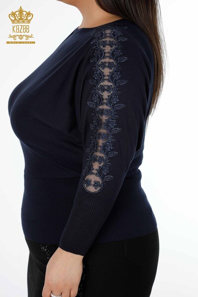 Женский трикотажный свитер оптом летучая мышь на рукаве вышивка с тюлью Темно Синий - 14721 | КАZEE - Thumbnail