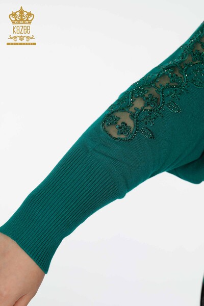 Женский трикотажный свитер оптом летучая мышь на рукаве вышивка с тюлью - ЗЕЛЕНЫЙ - 14721 | КАZEE - Thumbnail