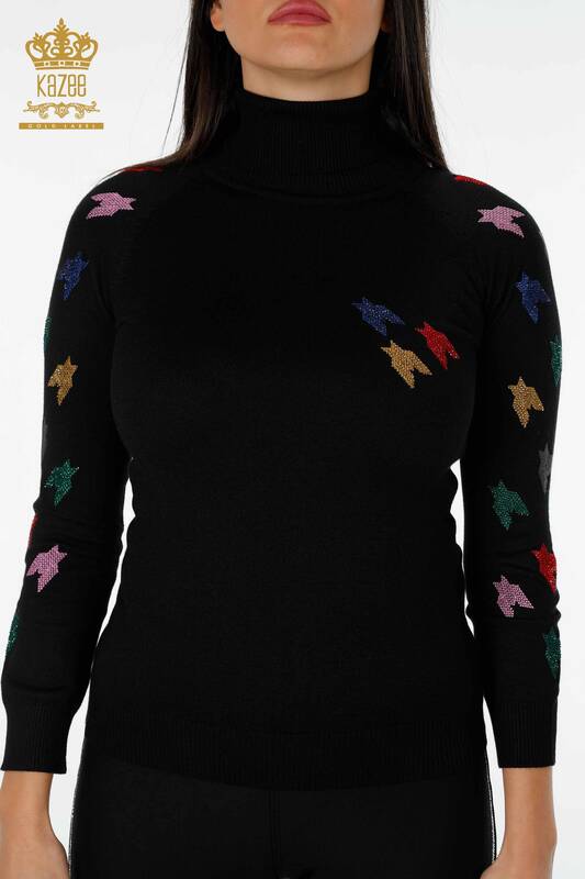 Женский трикотажный свитер оптом водолазка с камнями - ЧЕРНЫЙ - 14731 | КАZEE