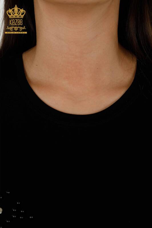 Женская блузка оптом - Вышитая бисером - Черная - 79201 | КАZEE