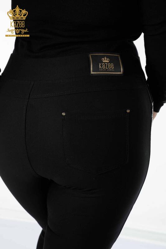 женские брюки оптом в полоску с узором и вышивкой камнем черный - 3585 | КАZEE