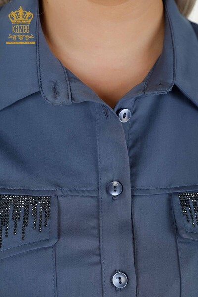 Женские рубашки оптом - Кристалл Вышитый камень - Индиго - 20239 | КАZEE - Thumbnail