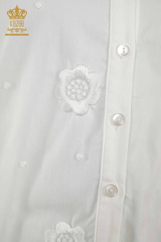Женская рубашка Оптовая - цветочная вышивка - Экру - 20394 | КAZEE