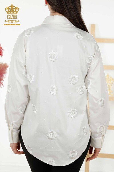 Женская рубашка Оптовая - цветочная вышивка - Экру - 20394 | КAZEE - Thumbnail