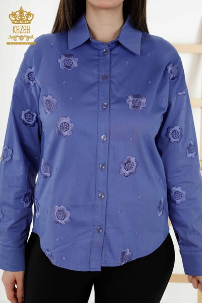 Женская рубашка Оптовая - цветочная вышивка - Лила - 20394 | КAZEE - Thumbnail