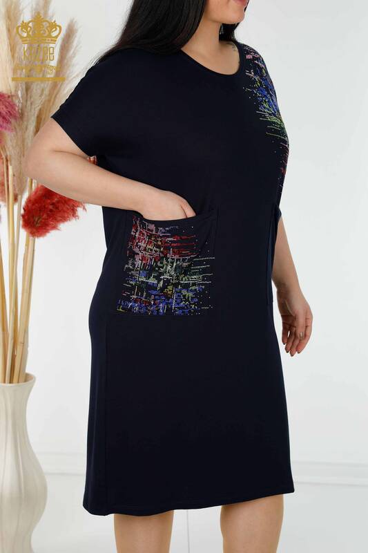 Женское Платье Оптом Карманы Вышитые Камнем Темно-Синий - 7743 | КАZЕЕ
