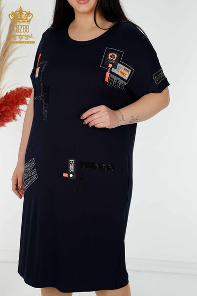 Kazee - Женское платье оптом с узорчатыми карманами темно-синего цвета - 7744 | КАZЕЕ (1)